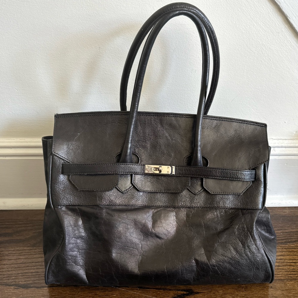 ARDEN B BLACK LEATHER BIRKIN STYLE SHOULDER BAG SATCHEL TOTE SILVER HDW TURNLOCK